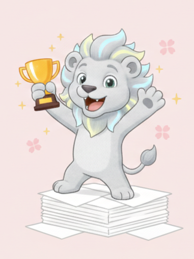 トロフィーを掲げるライオンマスコット