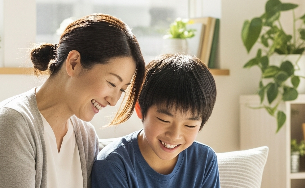 親子が笑顔で寄り添う様子